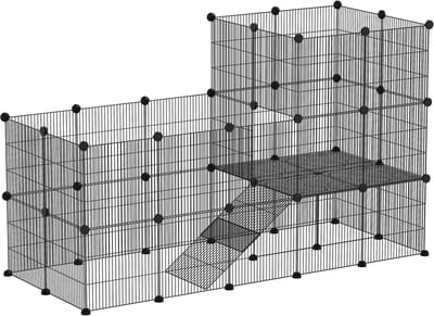 PawHut Kleintiergehege Kleintierkäfig mit 39 Platten Freigehege mit Rampe DIY Gittergehege Metall Kleintiere öffenbar Schwarz 140 x 70 x 105 cm