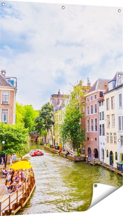Gards Tuinposter Huizen aan de Oudegracht in Utrecht - 80x120 cm - Tuindoek - Tuindecoratie - Wanddecoratie buiten - Tuinschilderij