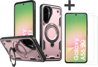 Hoesje Geschikt voor Samsung Galaxy A56 met 2 Stuks gehard glas Screenprotectors - Armor hoes met Ringhouder - Arara backcover - Rosegoud