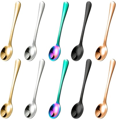 Dailygoods- Mini Lepels 10 Stuks - Roestvrij Staal - 7,5 Cm - Diverse Kleuren - Geschikt Voor Zout/Kruiden - Duurzaam Ontwerp - Kruidenlepels