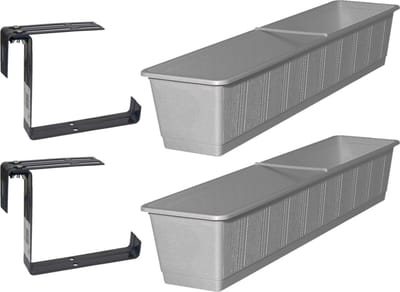 Set van 2 kunststof plantenbakken grijs rechthoekig 80 cm met 4 verstelbare railing beugels