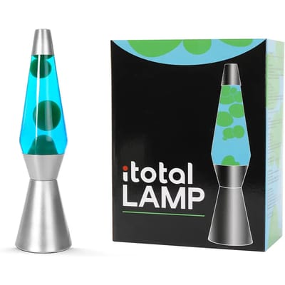 i-Total Lavalamp - Lava Lamp - Sfeerlamp - 40x11 cm - Glas/Aluminium - 30W - Blauw met groene Lava - Zilvergrijs - XL1787