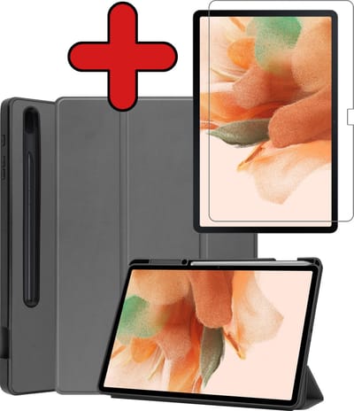 Hoesje - Geschikt voor Samsung Galaxy Tab S7 FE - Met Screenprotector - Trifold Bookcase Hoes - Hard Cover Case - Met Uitsparing Geschikt voor S Pen - Hardcover Book - Tablethoes - Grijs