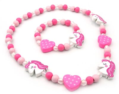 Kindersetje elastische ketting en armband roze en wit met houten unicorns en hartjes
