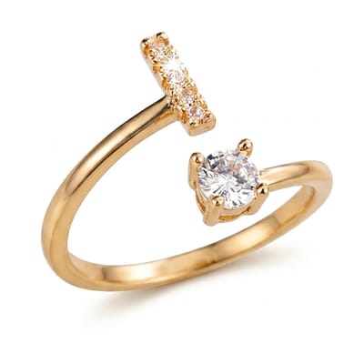 Goudkleurige witkleurige ring dames met initiaal I en ronde steen – open ring verstelbaar letter ring met strass details en zirkonia look