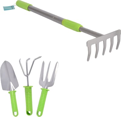Groen & Zilveren Tuingereedschap Set | Gemaakt Van Metaal En Plastic| Inhoud1 Hark En 3stuks Tuingereedschap | Hark verstelbaar tot 90 cm | Tuingereedschap met 25*8cm| Onmisbaar Voor Tuinonderhoud