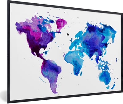 Poster in lijst - Fotolijst 90x60 cm - Posters - Wereldkaart - Waterverf - Paars - Kinderen - Jongens - Meisjes - Posterlijst zwart - Decoratie - Wanddecoratie woonkamer - Muurdecoratie slaapkamer