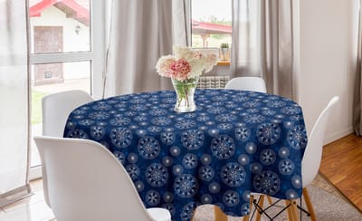 ABAKUHAUS Kerstronde Tafelkleed, Cirkelvormige Tafelkleed Hoes voor Keukendecoratie in de eetkamer, 150 cm, Middernachtblauw en Wit