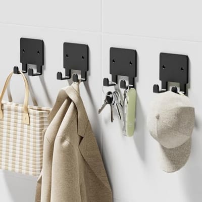 PromoHome 4-Pack Zwarte Muurhaken - Multifunctionele Zelfklevende en Schroef Wandhaak voor Sleutels, Handdoeken, Keukengerei en Badkamer Accessoires