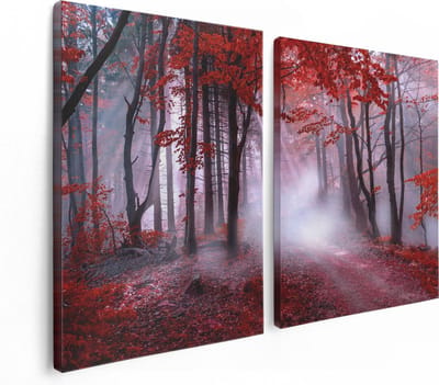 Artaza Canvas Schilderij Tweeluik Rood Bos Met Bomen - 120x80 cm - Wanddecoratie Woonkamer - Schilderijen - Muurdecoratie