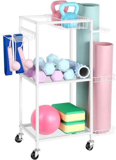 Gewichtsrek voor halters yogamat opbergrek voor thuisfitnessapparatuur opbergrek trainingsapparatuur opbergkar met haken voor yogamatten, halters, kettlebells, schuimrollers en weerstandsbanden