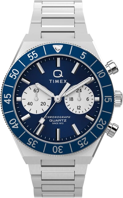 Timex Q Timex Continental Chronograph Quartz Chronograaf Horloge Zilverkleurig En Blauw Kast Gemaakt Van 100% Roestvrij Staal En Een Armband Van 100% Roestvrij Staal 40 TW2Y55800AJ, TW2Y55900AJ