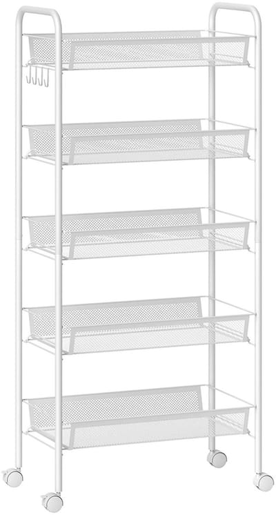Pugsdrly Keukentrolley met 5 draadmanden, 4 haken, 4 wieltjes, 2 handgrepen, staal/kunststof, 45 x 26,5 x 106 cm, wit