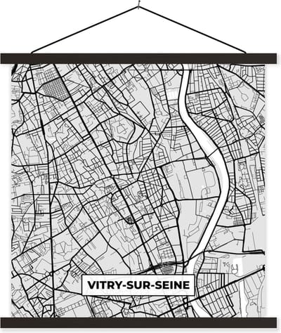 Posterhanger incl. Poster 60x60 cm - Schoolplaat - Plattegrond - Kaart - Stadskaart - Frankrijk - Vitry-sur-Seine - Textielposter - Zwarte latten - Stadskaart