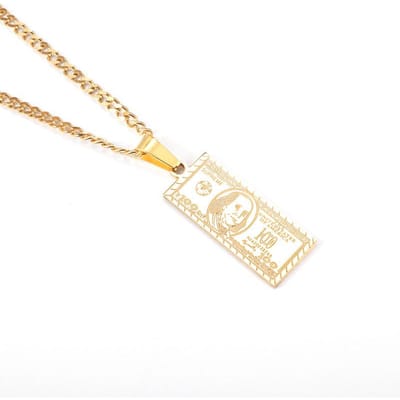 Collier Billet de 100 Dollars Américains en Or 18k Européen et Américain Bijou Tendance Pendentif de Luxe Léger avec Rétention de Couleur Acier Inoxydable beige