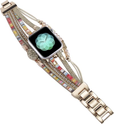 Stravo Boho Kralen Armbandje Geschikt voor Apple Watch 42mm(Series 11/10) 41mm 40mm 38mm - Goud - Handgemaakte Leren Wikkelbandje voor Dames voor Apple Watch SE 1 2 3 / Series 11 10 9 8 7 6 5 4 3 2 1, Apple watch bandje