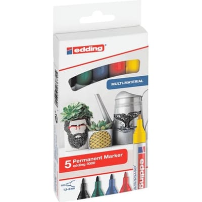 edding 3000 permanent marker - 5 kleuren - 5 stiften - ronde punt - 1,5-3 mm - water en wrijfvast - voor karton, kunststof, hout, metaal, etc. - alcohol markers voor volwassenen