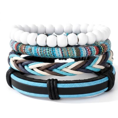 Set van 4 heren armbanden – kralen, leer en gevlochten koord – blauw/wit/bruin