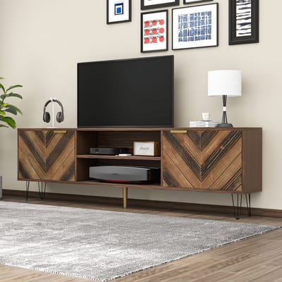 DESMIU Tv Meubel - Lowboard Met 2 Deuren En Ruime Opbergruimte - Voor Woonkamer En Slaapkamer - Spaanplaat En IJzer - 155x38x48 Cm - Naturel