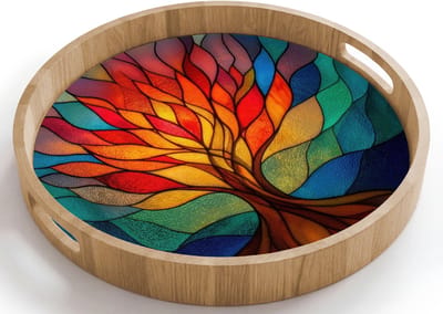 Dienblad rond 40x40 cm - Schootdienblad hout - Sierglas - Boom - Rood - Vlakken - Borrelplank rechthoek - Plateau houten dienbladen