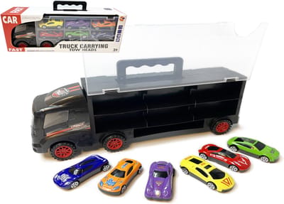 YJ TOYS Vrachtwagen transporter truck - Speelgoed auto's - 6-delig set - 31cm