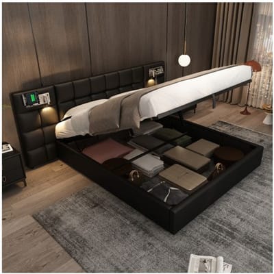 Lit hydraulique - MUVOE - 180 x 200 cm - Port USB - Chargeur sans fil - Lumière intégrée noir