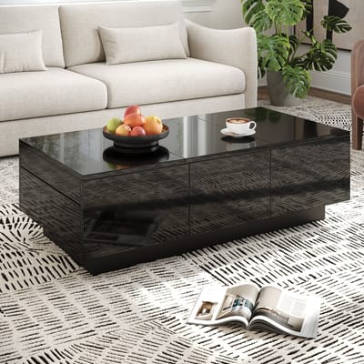 REDOM Salontafel 100x31x50 cm van spaanplaat, zwart hoogglans met 2 lades en schuifvakken