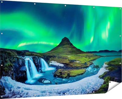 Gards Tuinposter Noorderlicht bij de Watervallen in IJsland - 180x120 cm - Tuindoek - Tuindecoratie - Wanddecoratie buiten - Tuinschilderij