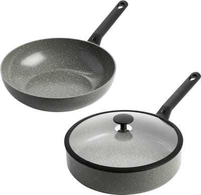 BK Granite Ceramic Pannenset 2‑delig – 28cm - 3.7/4.2L - PFAS-vrije antikleeflaag - Wokpan inductie - Hapjespan inductie - Keramische pan – Ovenbestendig tot 160°C – Hapjespan 28cm met deksel - Koudgrepen - Grijs