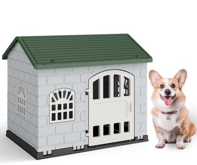 COSTWAY Hondenhok voor buiten, weerbestendig hondenhuis met zadeldak, afsluitbare deur en 3 ramen, huisdierhuis voor kleine en middelgrote honden en katten, hondenkooi voor binnen, 75 x 58 x 65 cm
