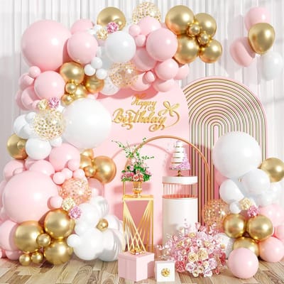 SnelShoppen - Pink and White Balloon Arch Set 105pcs - Roze en Gouden Ballon Garland met Pastel Roze Gouden Confetti Ballonnen voor Verjaardag, Babysh
