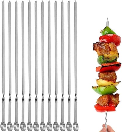 Daity 12-delige - roestvrijstalen BBQ-spiesen - platte metalen grillspiesen - herbruikbare barbecuespiesenset voor vlees - garnalen - kip en groenten (39 cm)