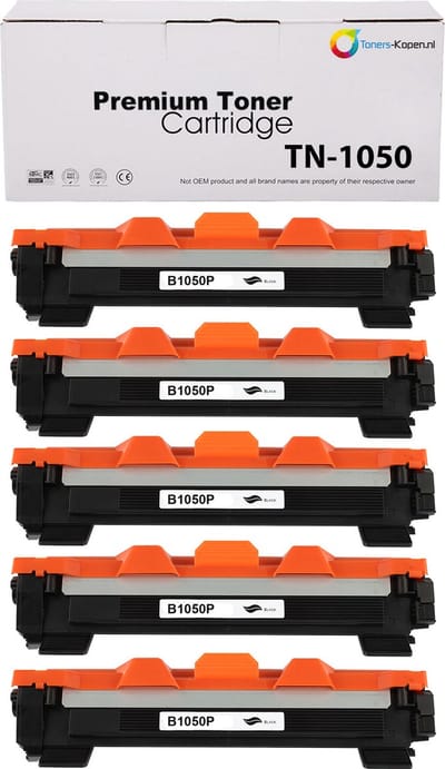 Brother TN-1050 - Toner Zwart 5-pack - 5.000 pagina's totaal - Huismerk Compatible - Geschikt voor Brother DCP-1510 Brother DCP-1512 Brother DCP-1512A Brother DCP-1601 Brother DCP-1610W Brother DCP-1612W Brother DCP-1616NW Brother HL-1110