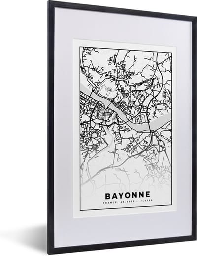 Fotolijst incl. Poster Zwart Wit- Plattegrond - Kaart - Bayonne - Frankrijk - Stadskaart - Zwart wit - 40x60 cm - Posterlijst
