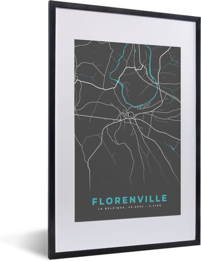 Fotolijst incl. Poster - België – Florenville – Stadskaart – Kaart – Blauw – Plattegrond - 40x60 cm - Posterlijst
