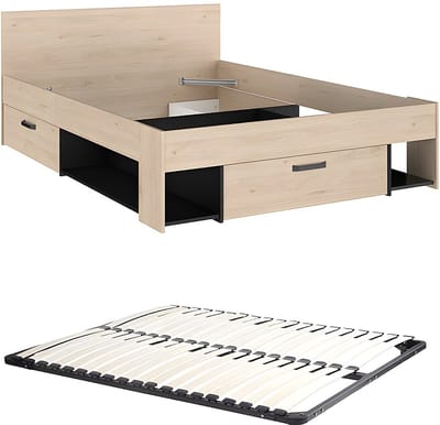 Vente-unique Bedframe hout zwart, natuurlijk licht 140 x 190 cm, 140 x 200 cm