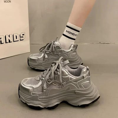 Chunky Platform Sneakers voor Dames Lente Mode Dikke Zool Gevulkaniseerde Schoenen Vrouw Antislip Mesh Ademend Casual Sportschoenen 35 zilver