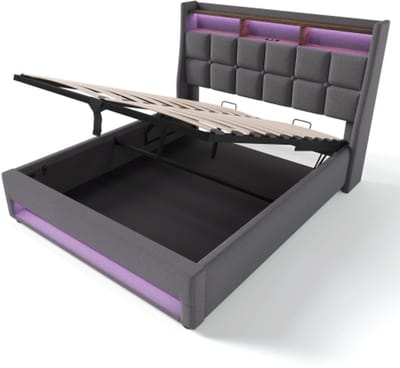 Eenpersoonsbed 140x200cm Zonder Matras Bed Grijs Linnen Led USB Lattenbodem Met Metalen Frame Geschikt Voor Slaapkamer