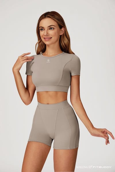Fitbuddy Seamless Sport Top GZT48 – Camel Grey – Short Sleeve, Naadloos & Comfort Stretch – Dames – Maat M