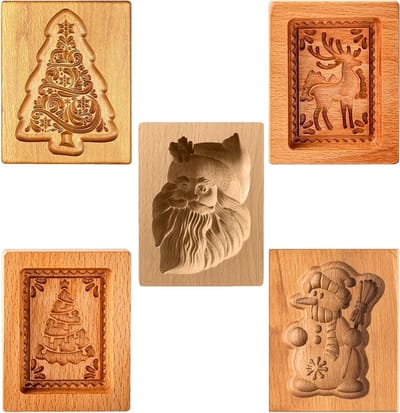 Houten Koekjesvorm - 3D Bakvorm - Bakken Versieren - Relief Ontwerp - 5 Delige Set - Natuurlijk Hout