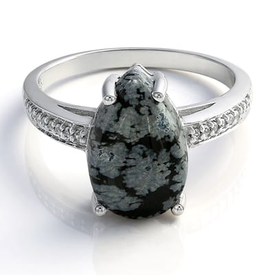 Cavill - Zilveren ring met 4,65 ct peervormige sneeuwvlokken obsidiaan - 925 sterling zilver - 18 Cambodjaanse zirkonen - Unieke elegante damesring