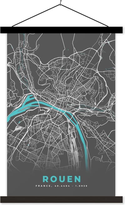 Posterhanger incl. Poster 40x60 cm - Schoolplaat - Rouen - Frankrijk - Stadskaart - Kaart - Plattegrond - Textielposter - Zwarte latten - Stadskaart