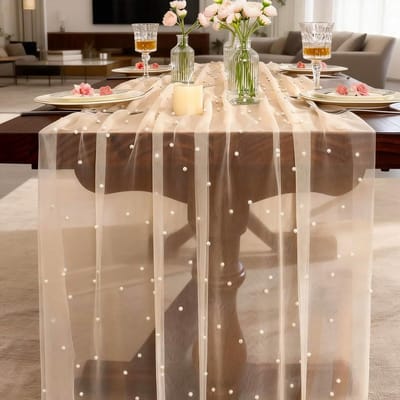 Tafelloper met parels voor bruiloft, tafeldecoratie van elegante netstof, 75 x 300 cm, met parel voor de douche, bruiloft, verjaardagsfeest, huisfeest