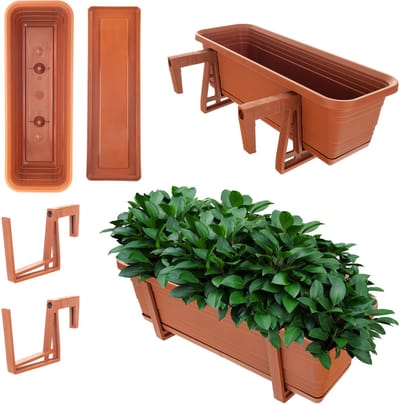 KADAX Wamat, bloembak met onderzetter, met of zonder bloembakhouders, van kunststof, plantenbak, balustrade, bloempot (baksteenrood, 50 cm + houders)