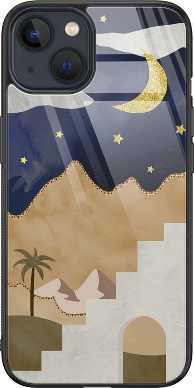 Hoesje geschikt voor iPhone 13 - Woestijn - Luxe Glazen Hardcase - Natuur - Bruin - Leuke Telefoonhoesjes