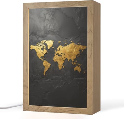 Tafellamp 20x30 cm - LED lamp - Wereldkaart - Goud - Steen - Decoratieve tafellampen - Dimbaar - Tafellampje slaapkamer - Woonkamer binnen