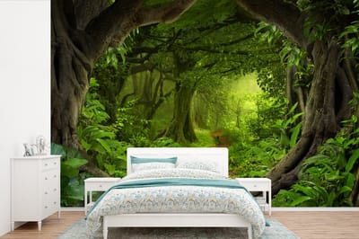 Behang - Fotobehang Jungle - Groen - Natuur - Tropisch - Planten - Breedte 450 cm x hoogte 300 cm