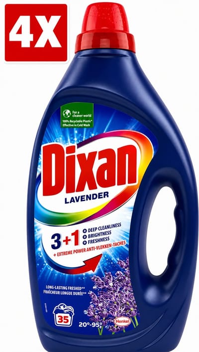 4 x Dixan - Vloeibaar Wasmiddel en Vlekverwijderaar - Witte en Gekleurde Was - Lavendel - 35 Wasbeurten