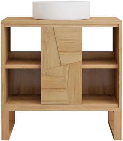 Vente-unique Badkamermeubel op poten van teak met opzetwastafel rond keramiek - B80 cm - MATARAM