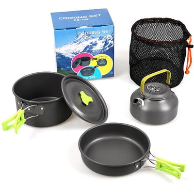 Kit d'ustensiles de cuisine de Camping, ensemble de cuisine en aluminium pour l'extérieur, bouilloire à eau, casserole, voyage, randonnée, pique-nique, barbecue, équipement de table vert